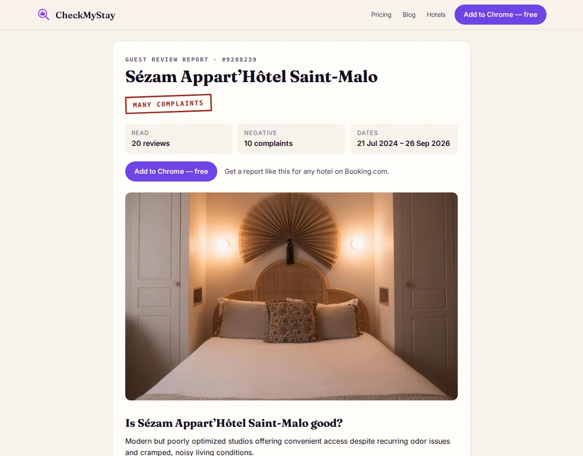 CheckMyStay report for Sézam Appart’Hôtel Saint-Malo: verdict, what guests like and complain about