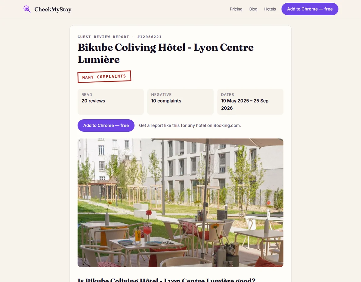 CheckMyStay report for Bikube Coliving Hôtel - Lyon Centre Lumière: verdict, what guests like and complain about
