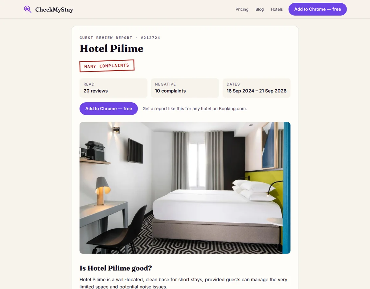 CheckMyStay report for Hotel Pilime: verdict, what guests like and complain about