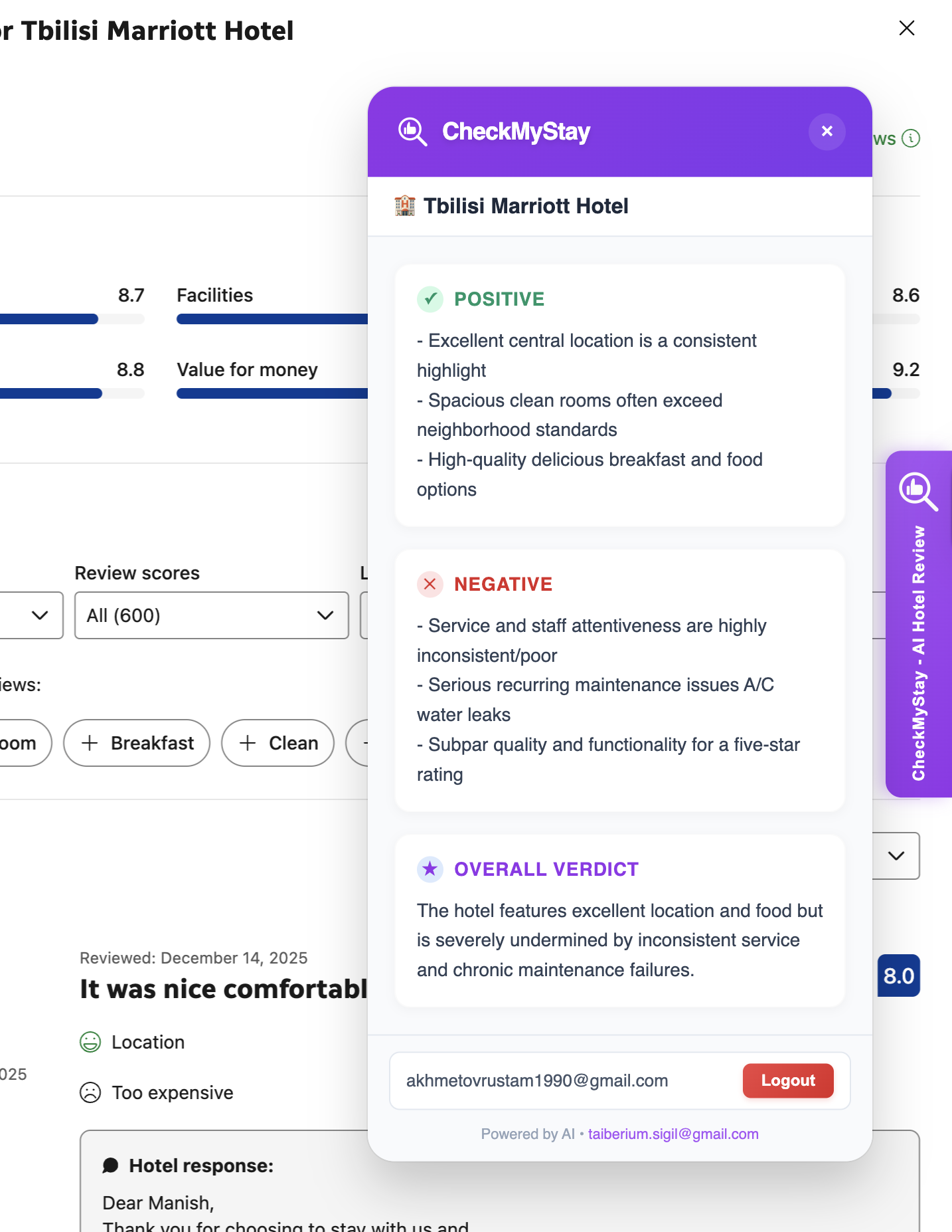 CheckMyStay extension showing hotel review analysis