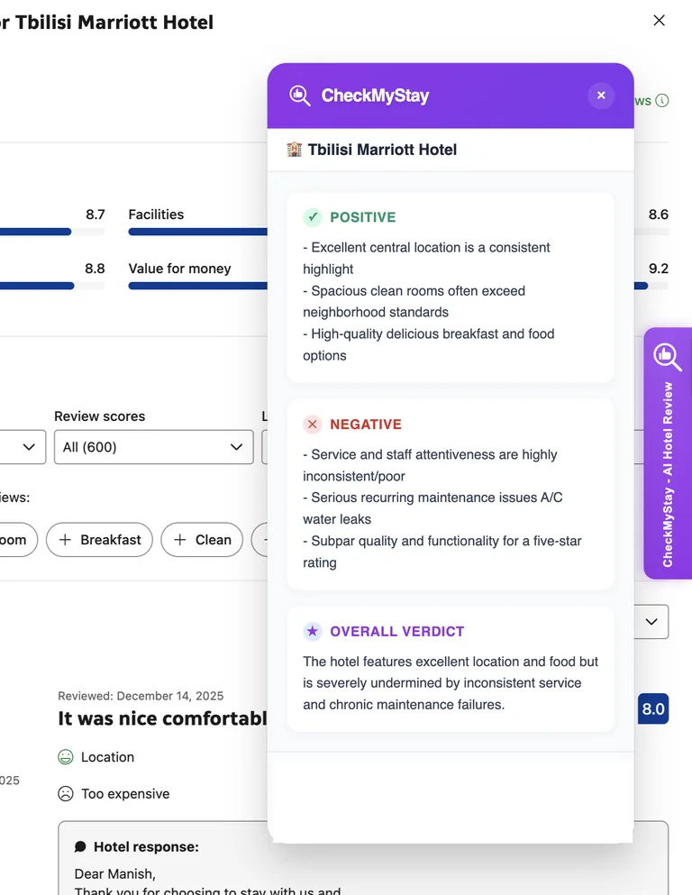 CheckMyStay extension showing a hotel review summary on Booking.com